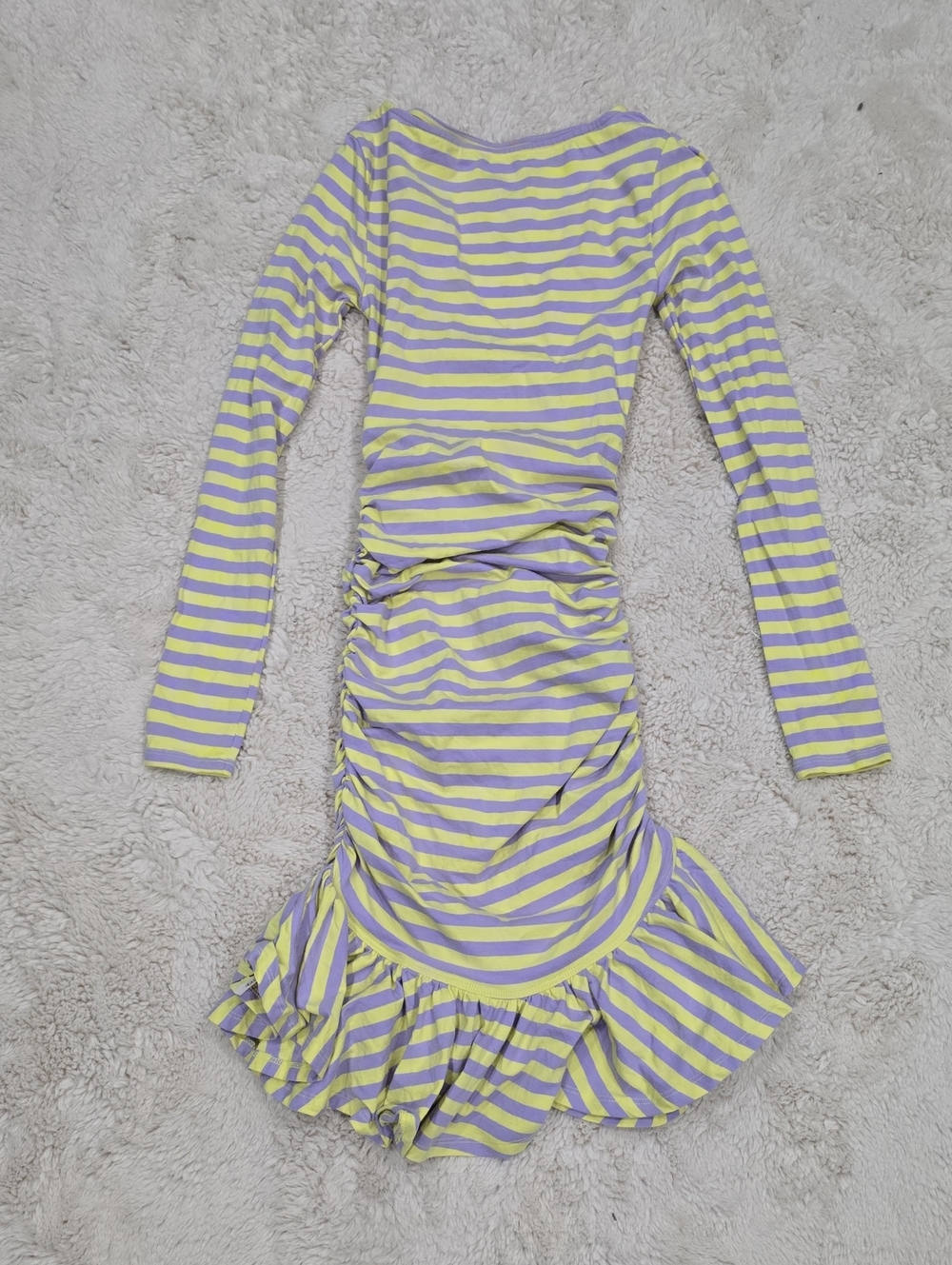 Striped Yellow and Lavender Ruched Ruffle Dress